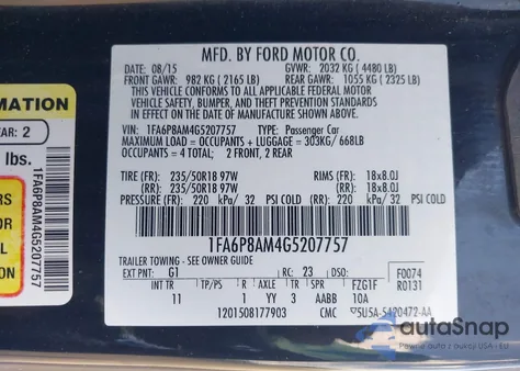 2016 Ford Mustang V6 z USA, uszkodzony, nr VIN 1FA6P8AM4G5207757